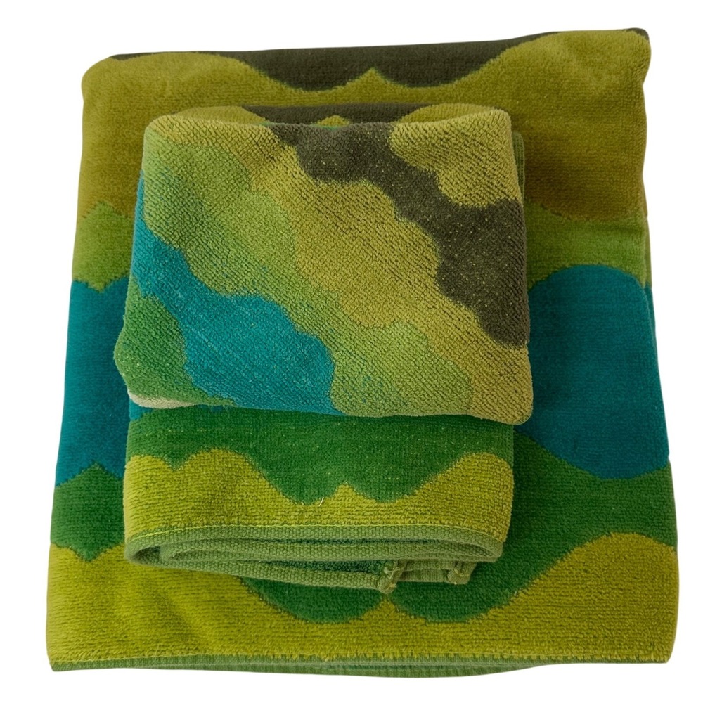 Vintage Fashion Manor Seven Seas Towel Set 70s MCM Green Blue 3pc JCPenney